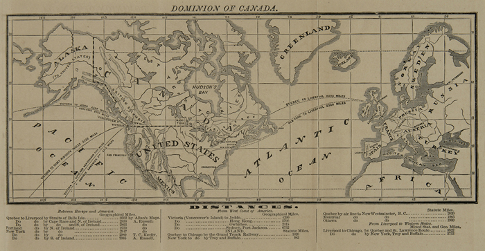 1872 - Dominion du Canada : les distances entre l'Europe et l'Amérique