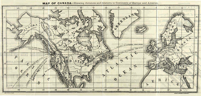 1879-Canada showing distances and relation to continents of Europe and America
