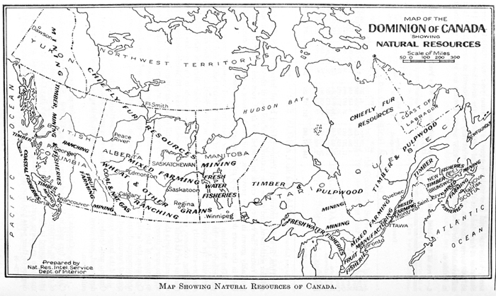 Map of the Dominion of Canada showing natural resources, 1927.