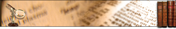 Banner: Glossary for lesson plans. Photo of an antique magnifying glass on a stand – to the right four old leather bound books.
